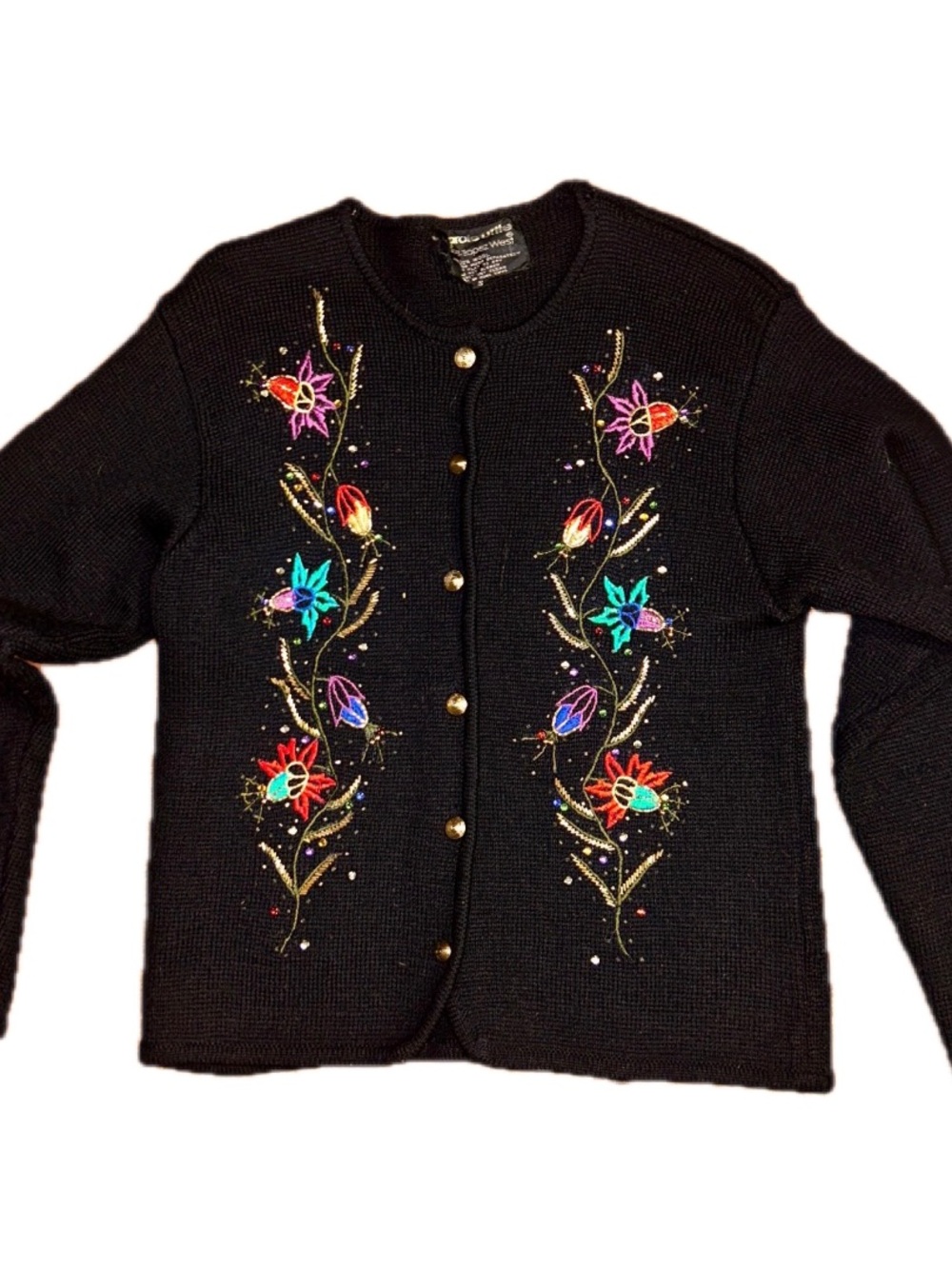 Carole Little ~ Small ~ Christmas ~ Black W/ Multi-Colors Floral Beaded Sweater